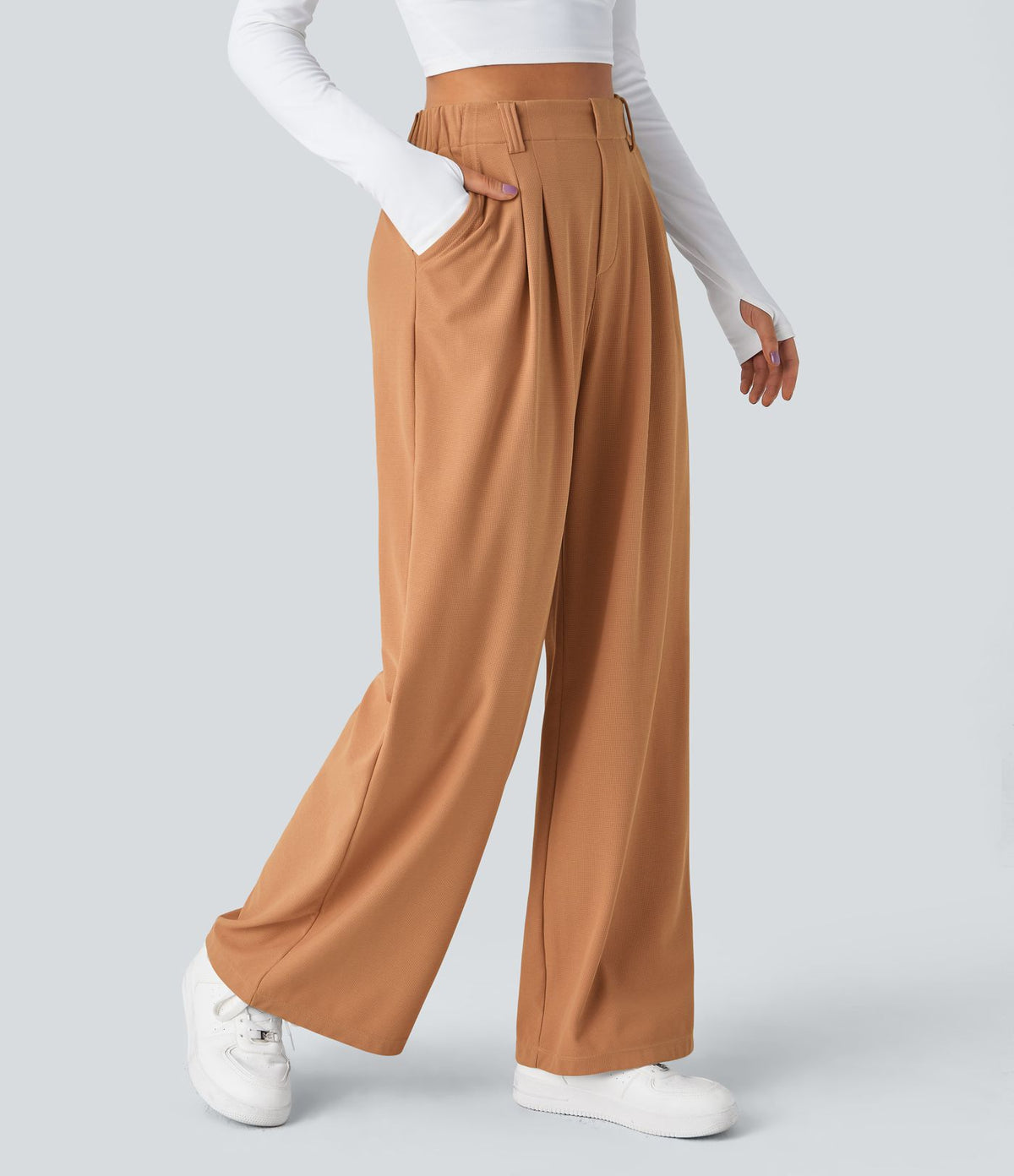 Halara Flex™ Pantalon Tailleur Large Fluide Gaufré Taille Haute Poches Latérales