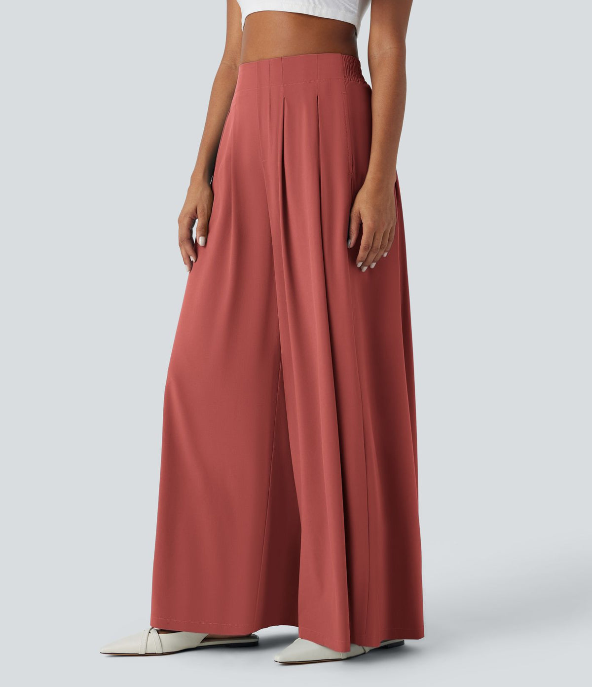 Breezeful™ Pantalon Large Fluide Taille Haute Plis Poches Latérales et Taille Élastique Séchage Rapide