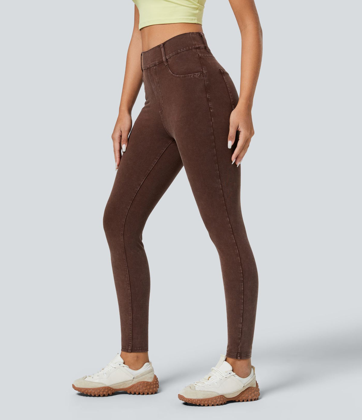 Halara Flex™ Jean Casual Skinny en Tricot Extensible Coloré Lavé à Taille Haute avec Plusieurs Poches