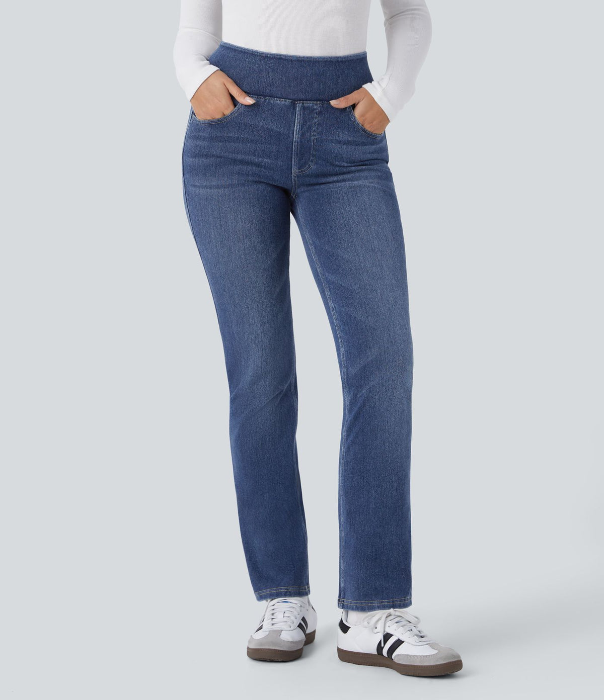 Halara Flex™ Jean évasé casual délavé en molleton taille haute avec poches
