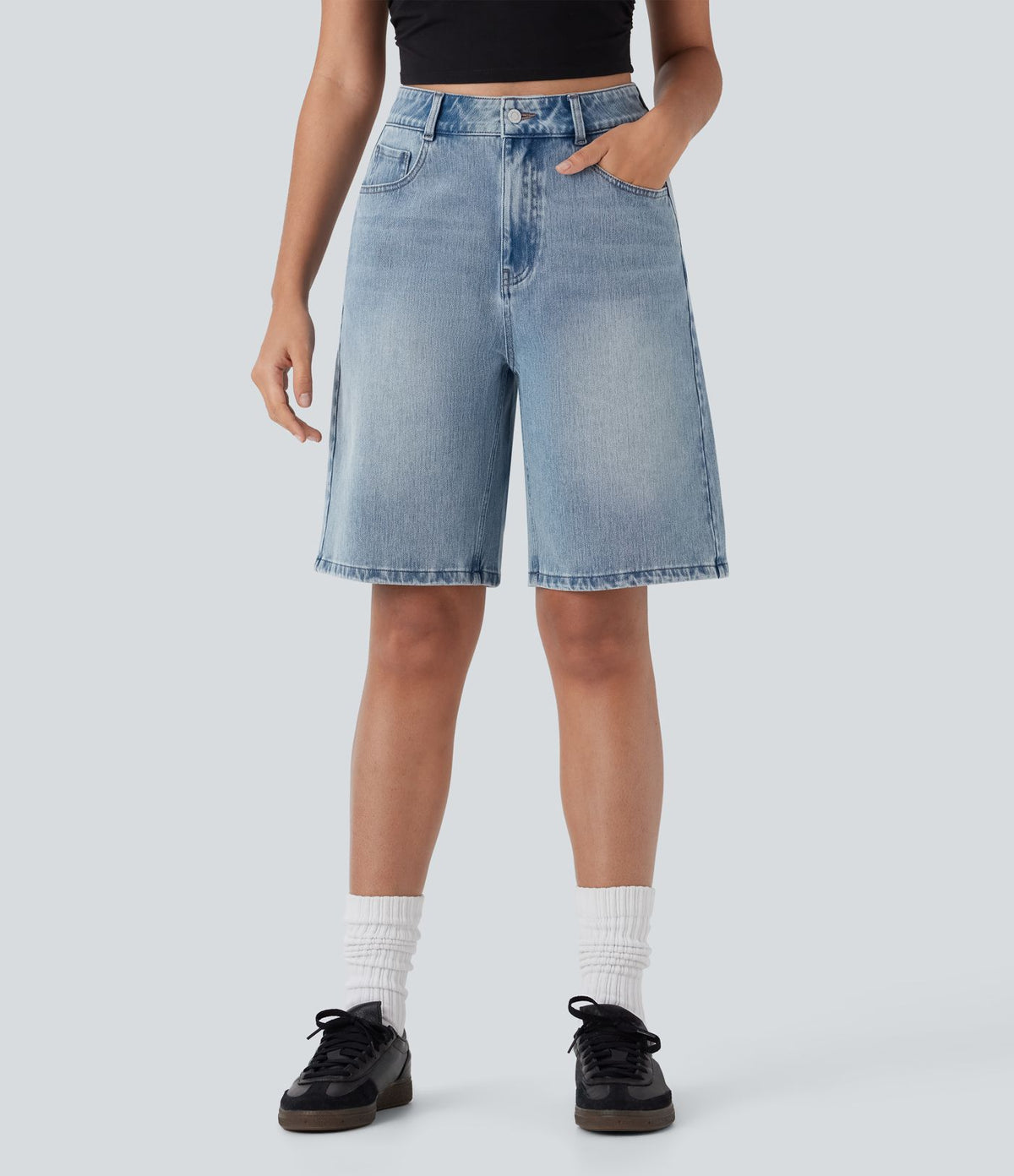 Bermuda en jean délavé Halara Flex™ taille haute à poches multiples