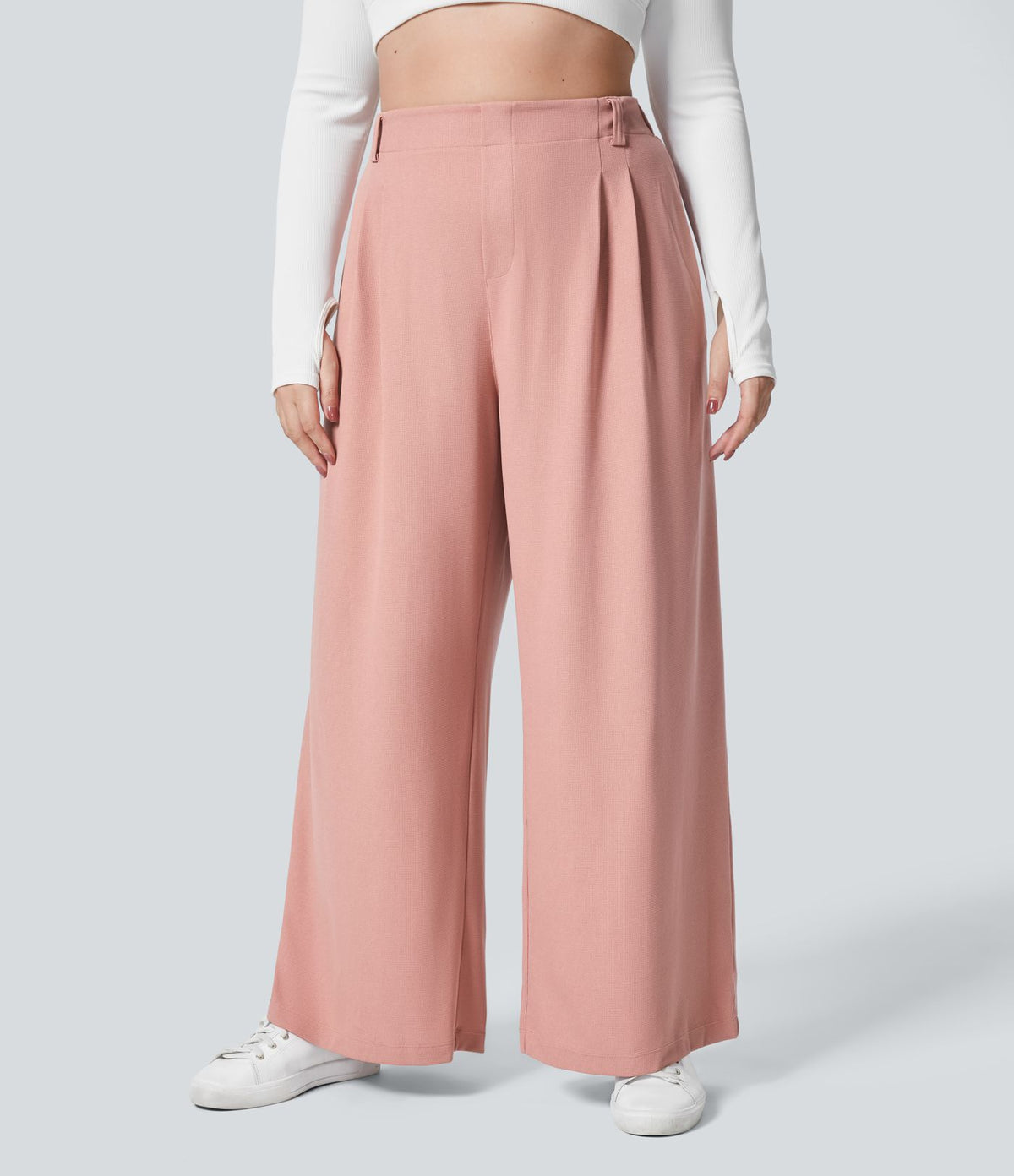 Halara Flex™ Pantalon tailleur Grande taille à Taille Haute, Poches Latérales Plissées, Jambes Larges, en Tissu Gaufré