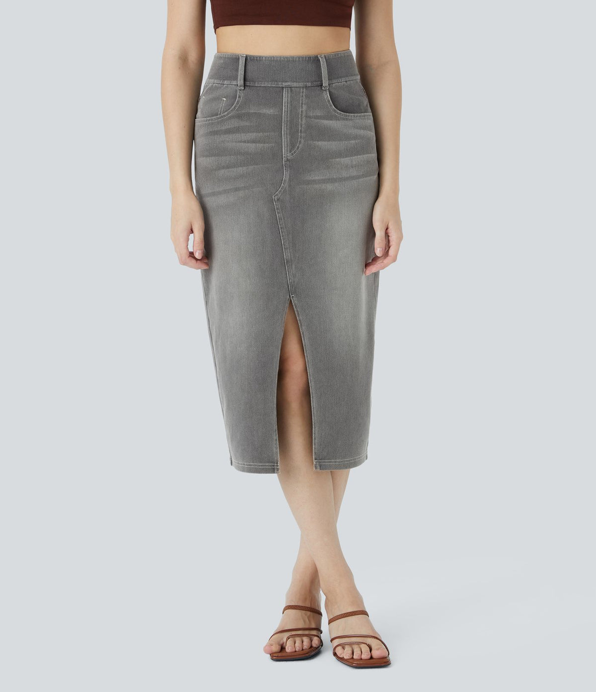 Halara Flex™ Jupe en Jean Casual Mi-Longue Délavé Extensible Plusieurs Poches Taille Haute