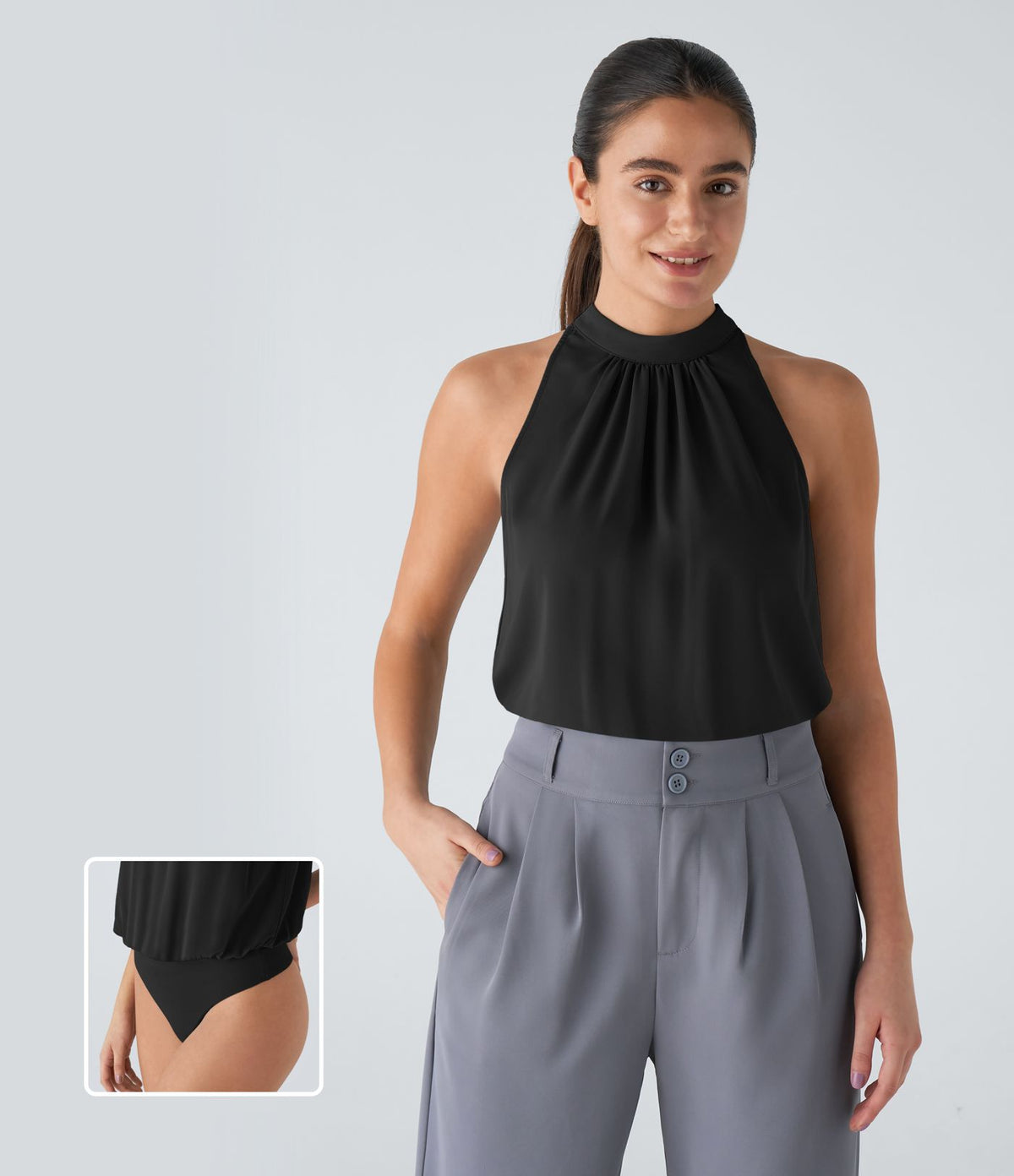 Body Travail sans Manches à Encolure Halter Dos avec Trou de Serrure et Plissé