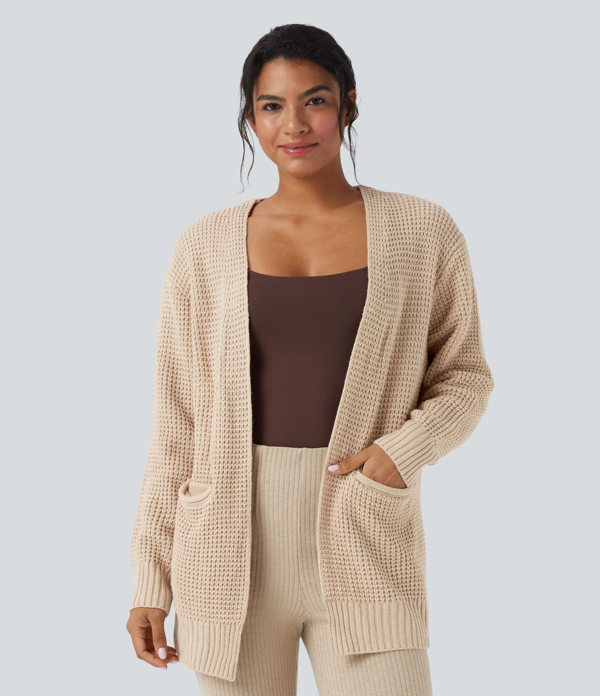 Cardigan décontracté gaufré manches longues avec poches