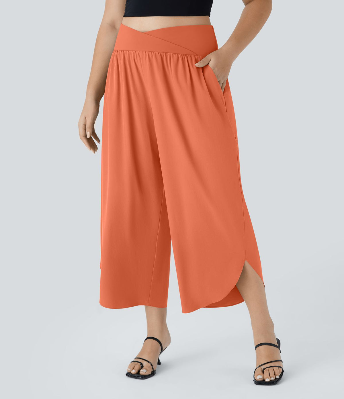 Breezeful™ Pantalon de Vacances Grande Taille Taille Haute avec Découpe Croisée Plissé Poche Latérale Fente et Séchage Rapide