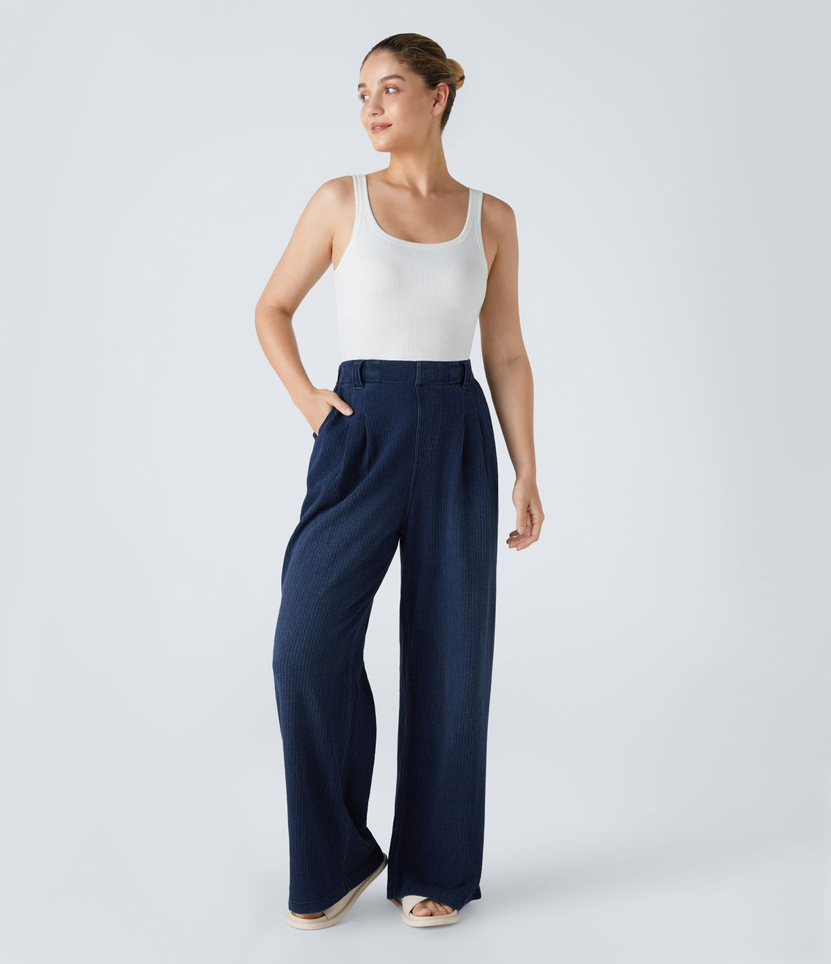 Halara Flex™ Jean Casual Large à Taille Haute avec Poches Latérales et Plis en Maille Extensible