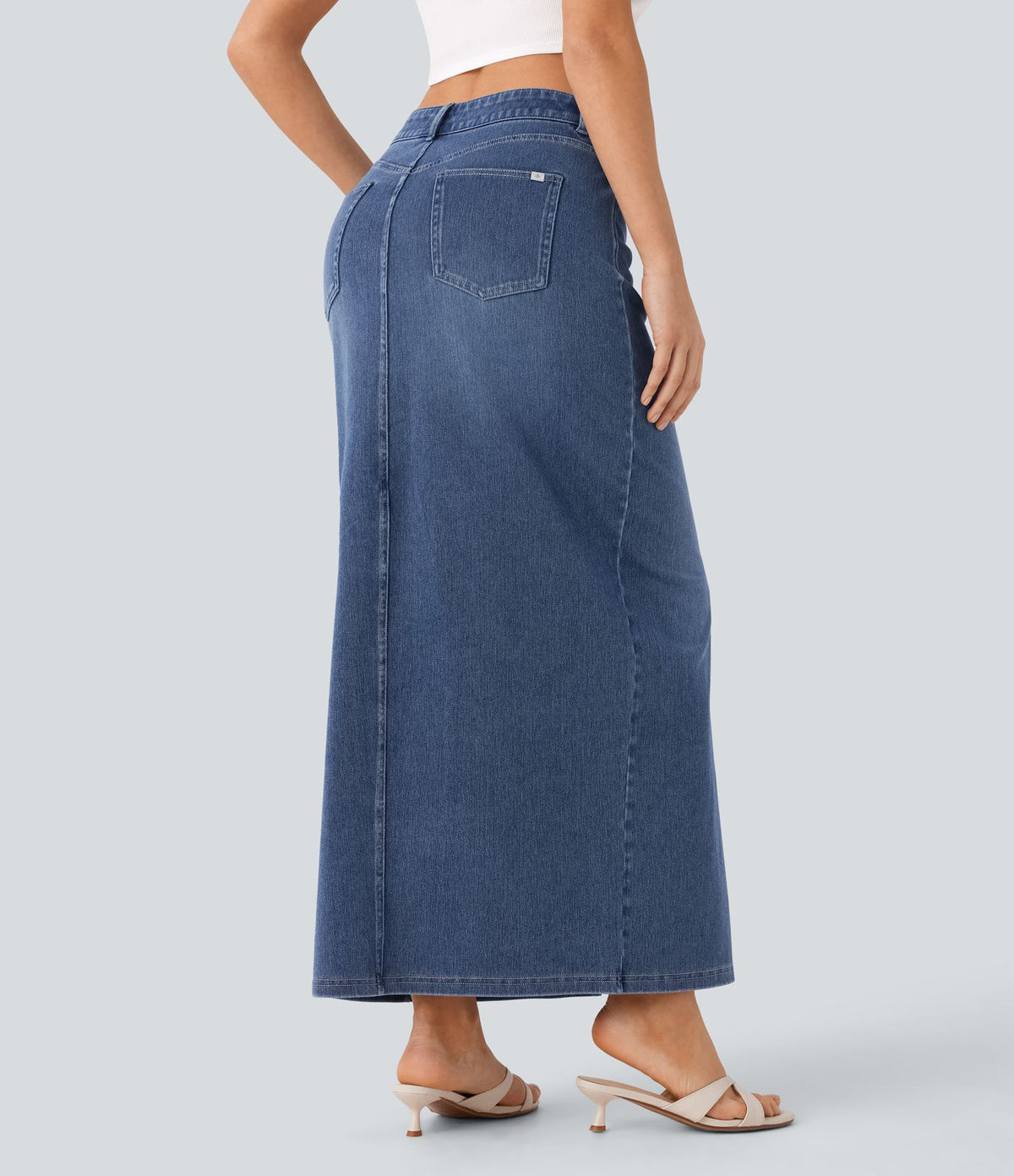 Halara Flex™ Jupe en Jean longue décontractée extensible délavé taille moyenne avec fente et multiples poches