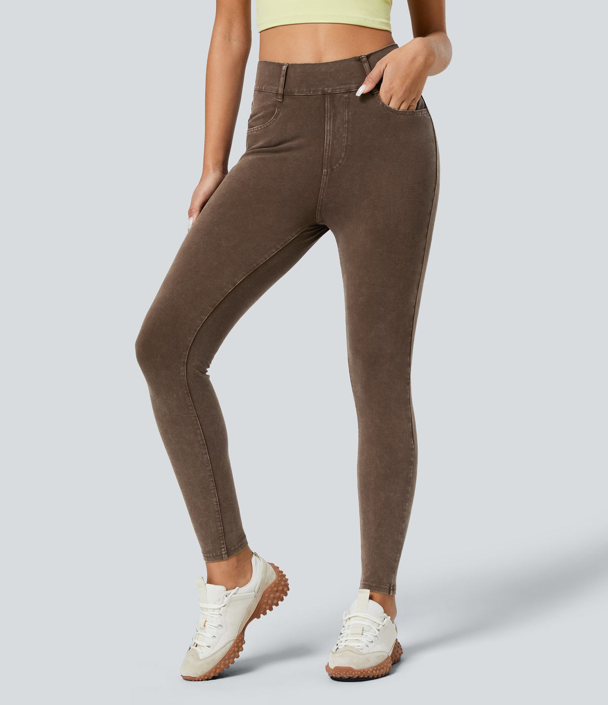 Halara Flex™ Jean Casual Skinny en Tricot Extensible Coloré Lavé à Taille Haute avec Plusieurs Poches