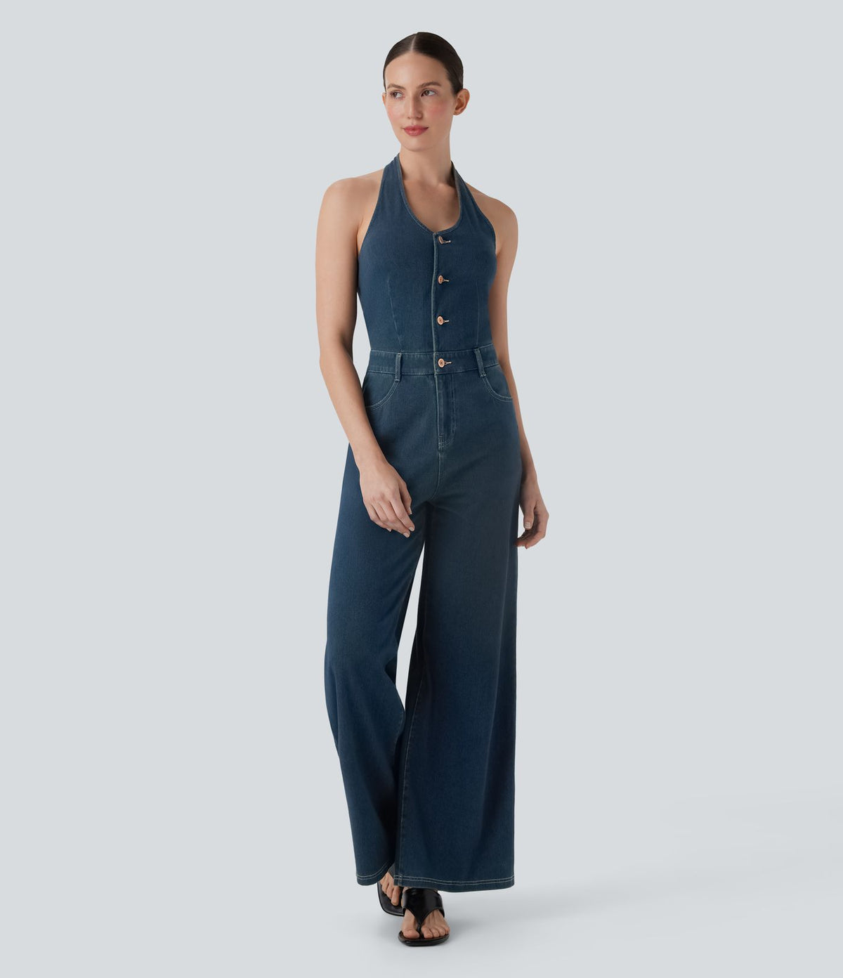 Combinaison décontractée Halara Flex™ col licou dos nu jambes larges en denim maille extensible avec multiples poches