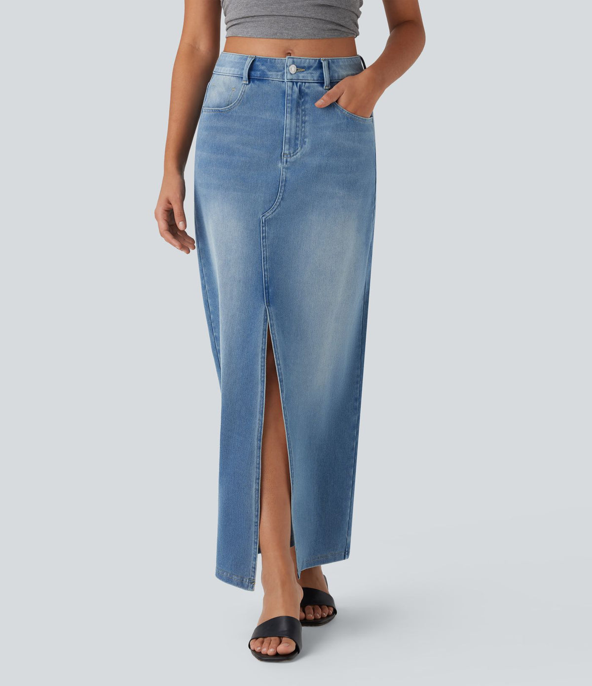 Halara Flex™ Jupe en Jean longue décontractée extensible délavé taille moyenne avec fente et multiples poches