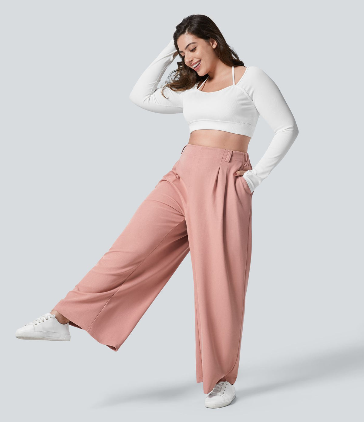 Halara Flex™ Pantalon tailleur Grande taille à Taille Haute, Poches Latérales Plissées, Jambes Larges, en Tissu Gaufré