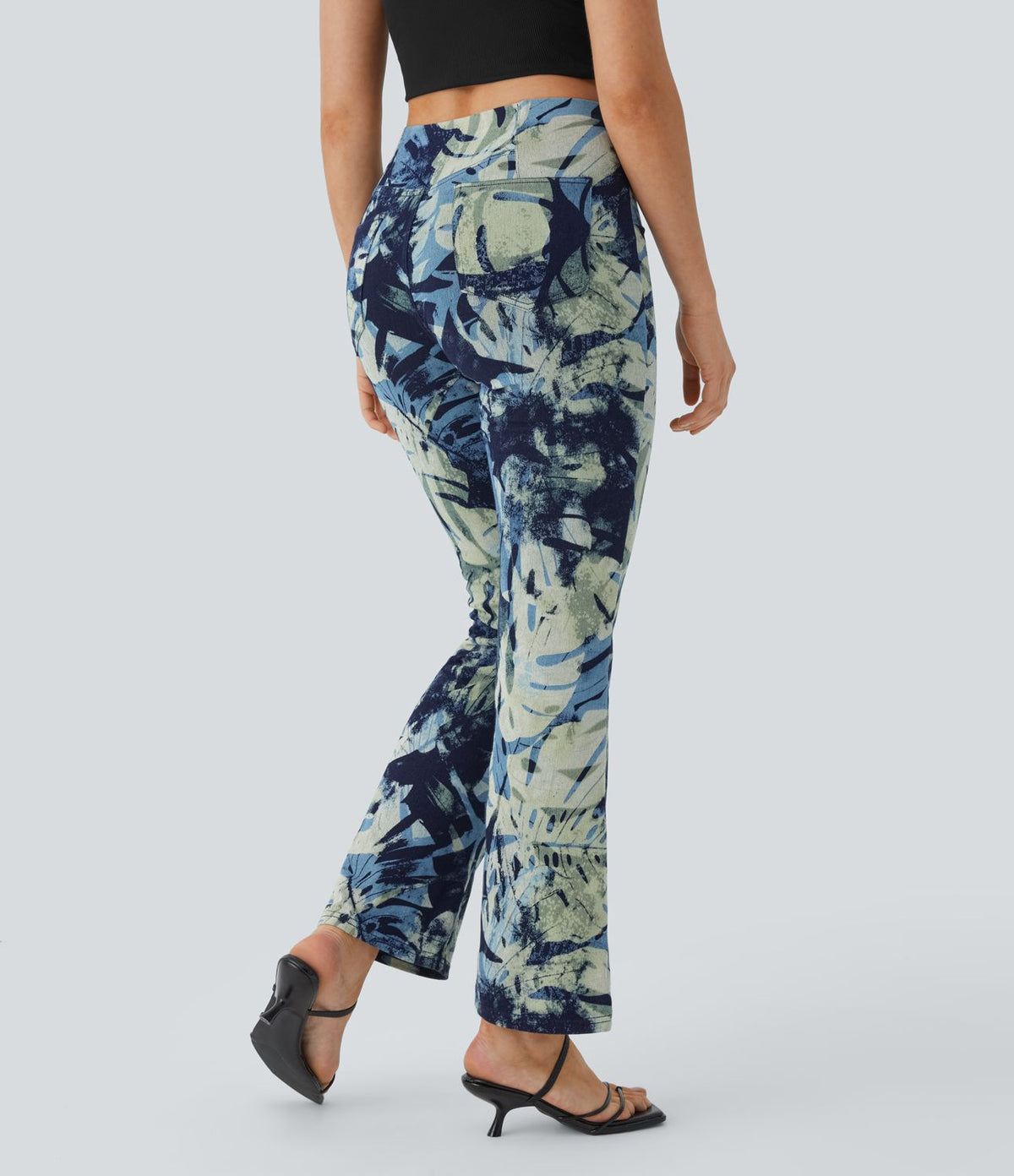 Halara Flex™ Legging Casual Taille Haute en Denim Tricoté Extensible avec Imprimé Floral Poche Arrière Effet Léger Évasé et Taille Élastique