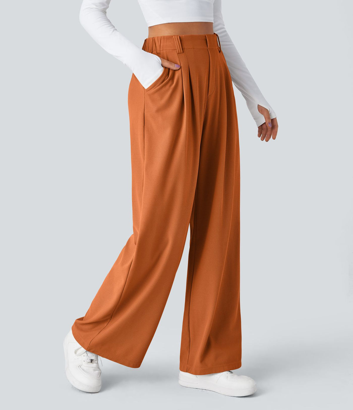 Halara Flex™ Pantalon Tailleur Large Fluide Gaufré Taille Haute Poches Latérales