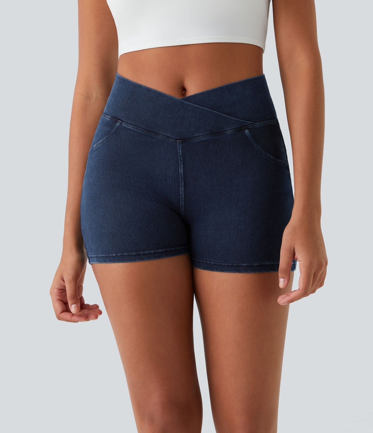 Halara Flex™  Shorts 7,5cm Denim Casual Taille Haute Poches Latérales Croisées en Maille Extensible