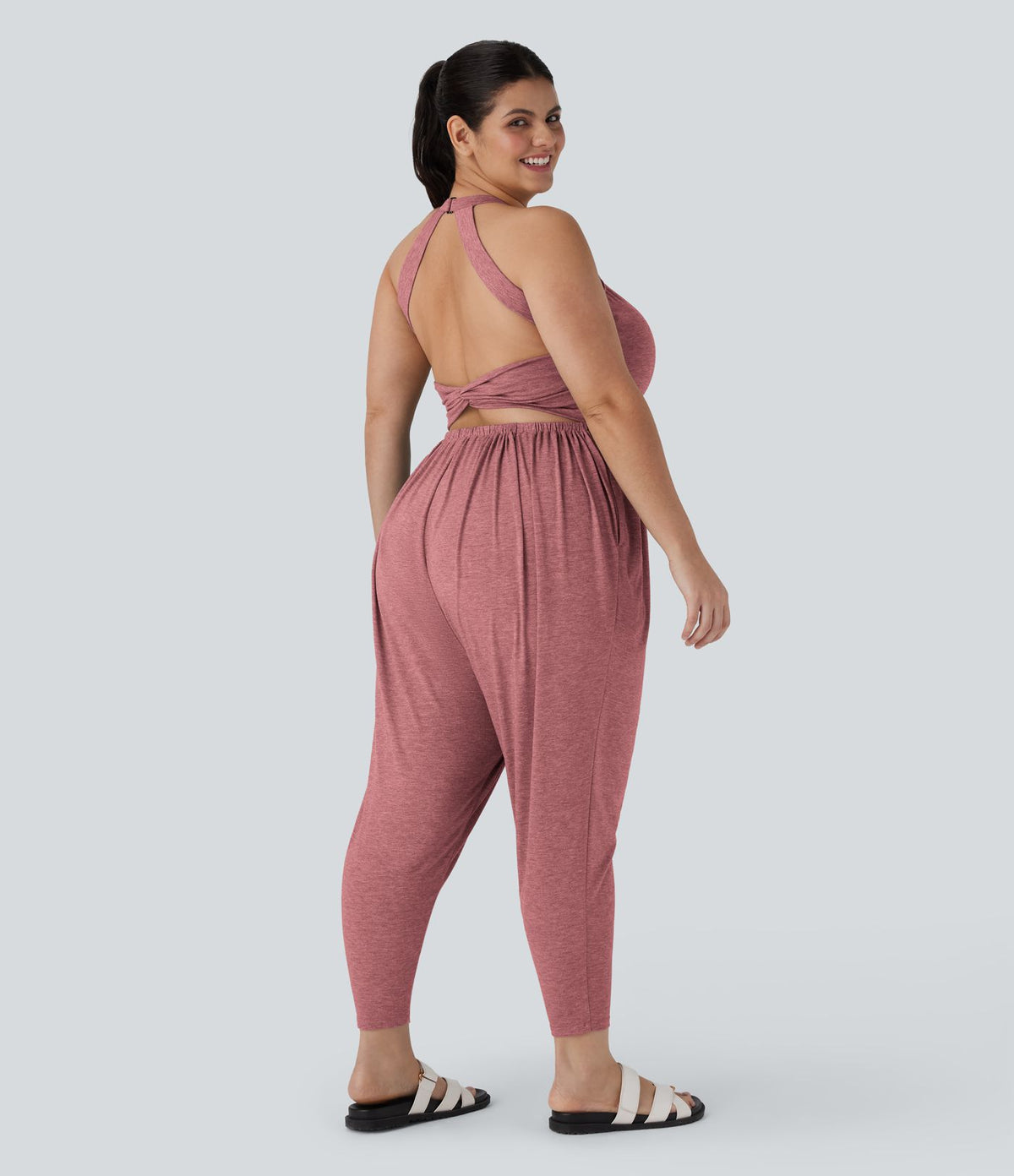 Combinaison sarouel dos nu torsadée grande taille avec poche latérale - Édition facile à enfiler