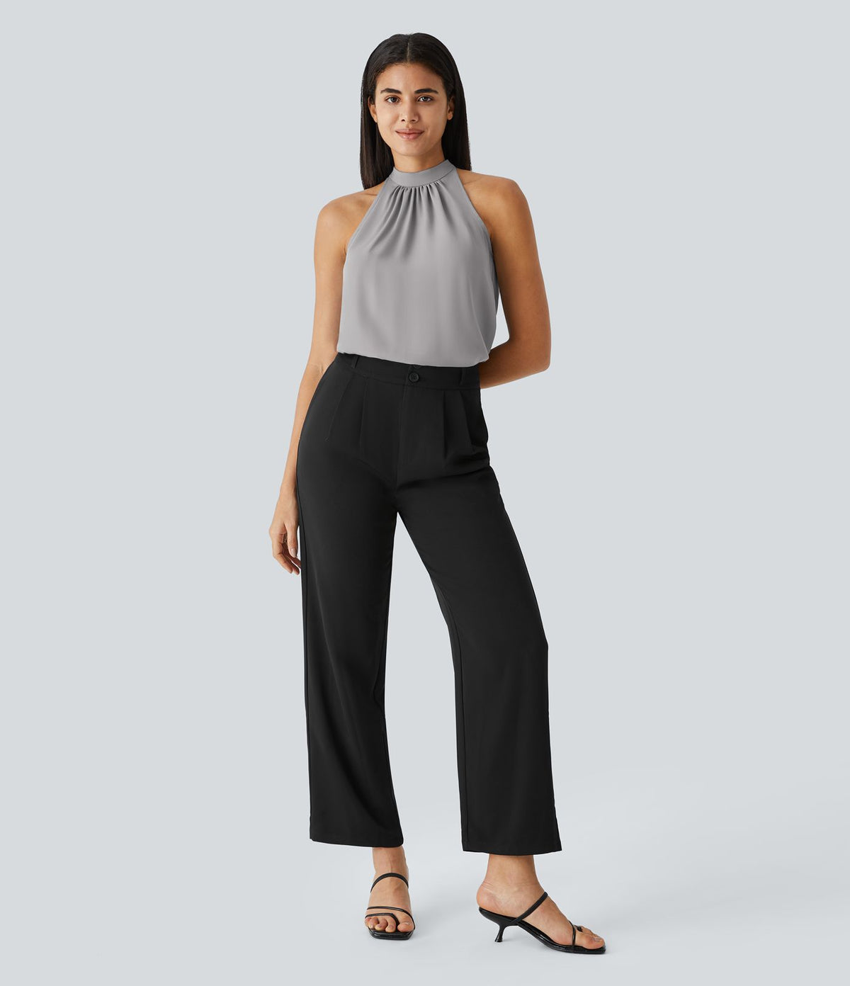 Blouse Travail Sans Manches Ourlet Courbé Col Haut Découpe au Dos Plis