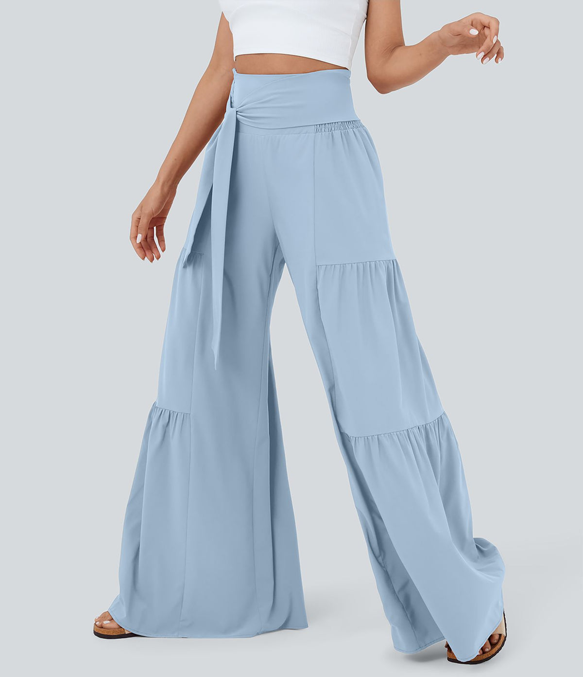Breezeful™ Pantalon Large Casual Taille Haute Froncé à Nouer Devant et Dos Fluide Séchage Rapide