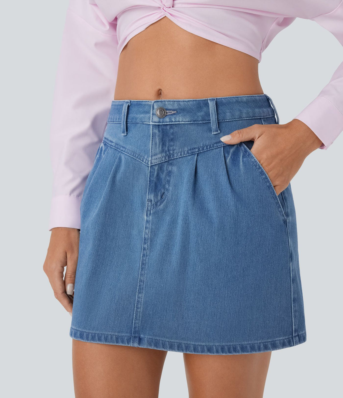 Halara Flex™ jupe patineuse mini taille moyenne en jean extensible avec boutons, fermeture éclair et poches multiples
