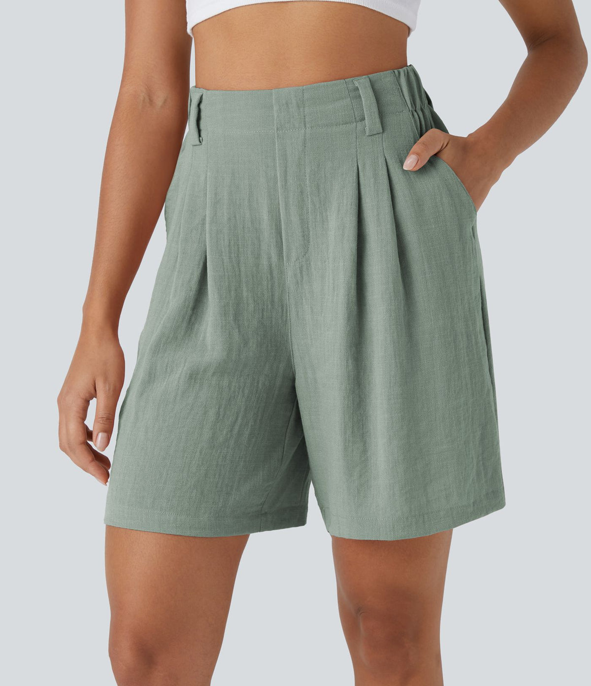 Bermuda Large Fluide Taille Haute avec Plis et Poches Latérales en Lin Synthétique