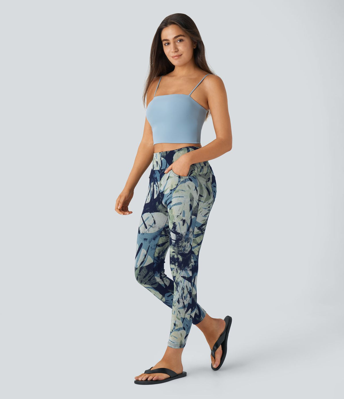 Halara Flex™ Leggings Casual en Denim Tricot Extensible à Taille Haute avec Imprimé Floral et Plusieurs Poches - 7/8