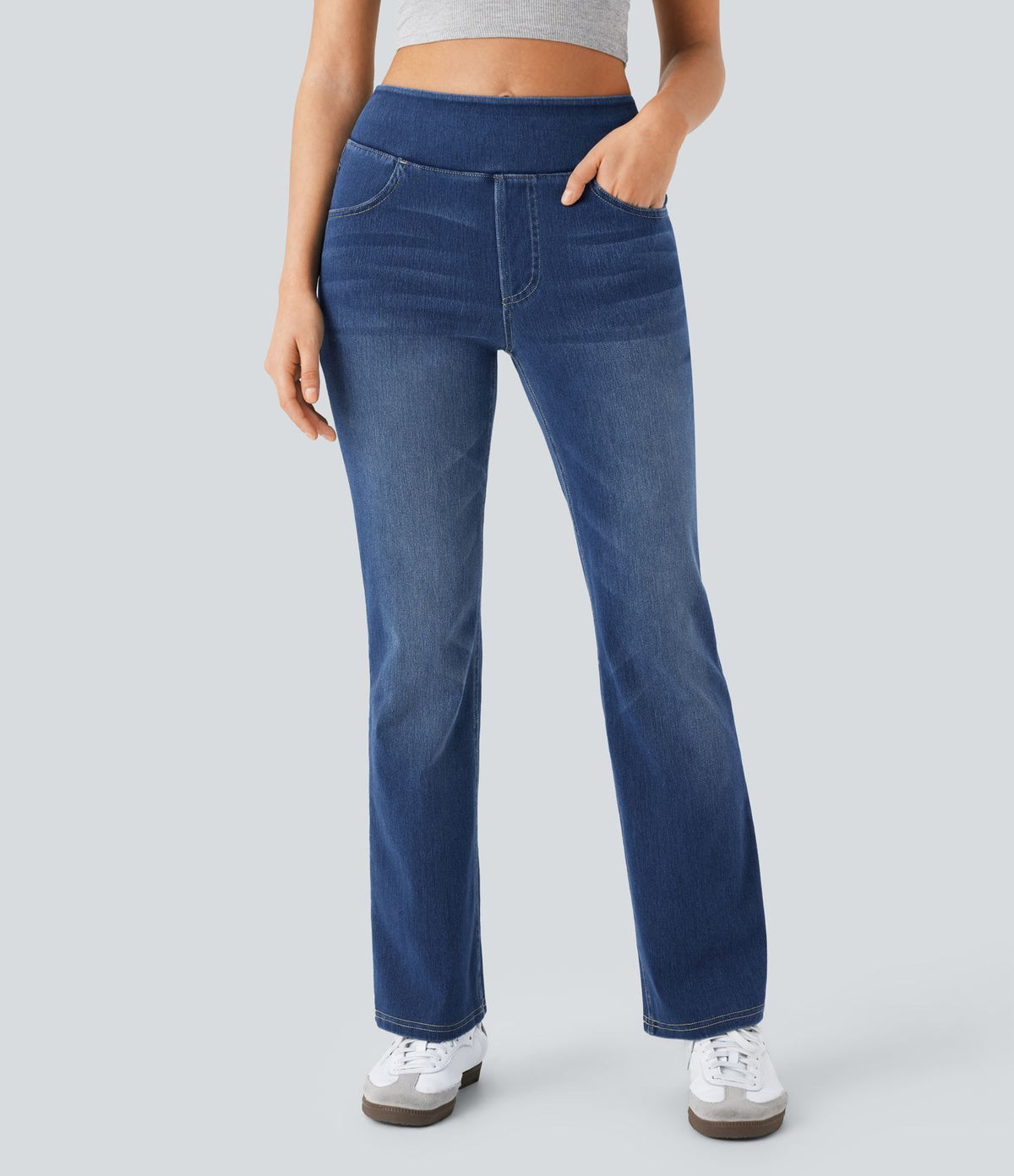 Halara Flex™ Jean bootcut décontracté extensible délavé taille haute à poches multiples