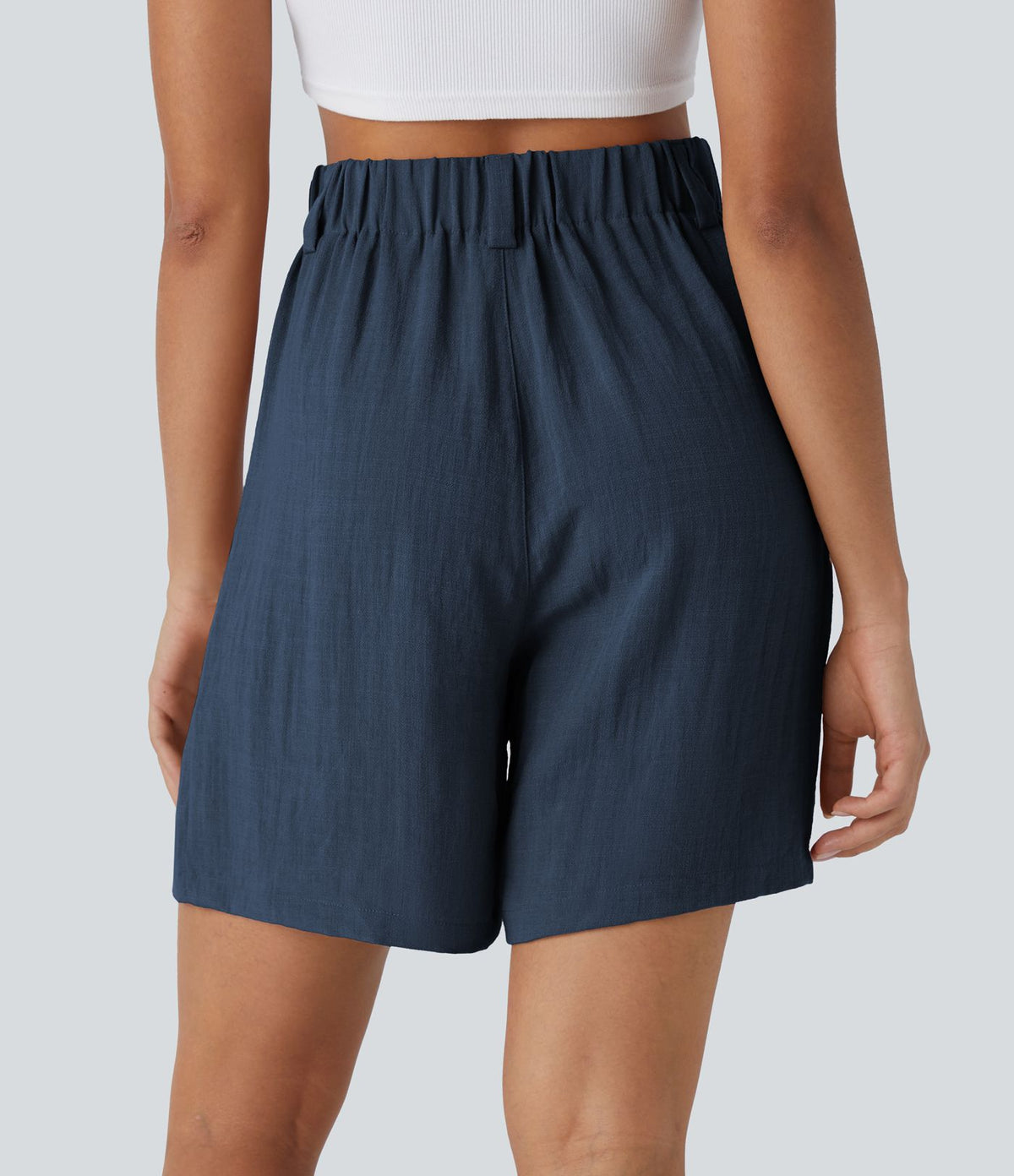 Bermuda Large Fluide Taille Haute avec Plis et Poches Latérales en Lin Synthétique