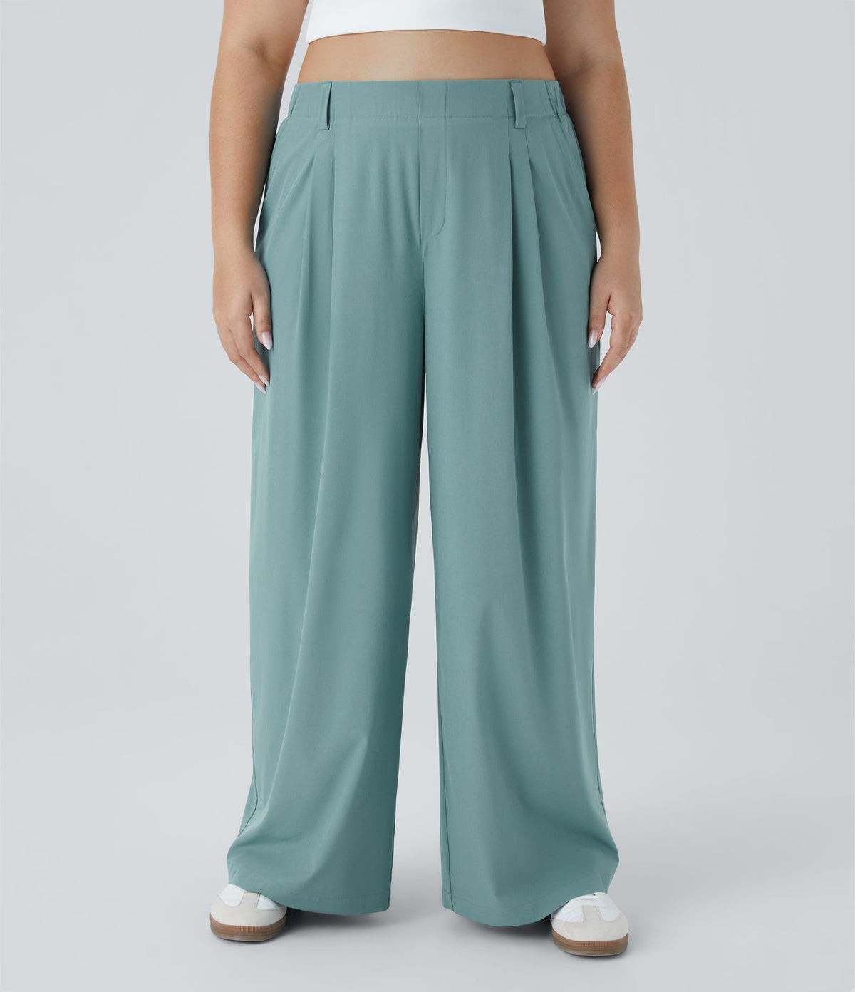 Breezeful™ Pantalon Évasé Palazzo Grande Taille Casual Taille Haute avec Plis Poche Latérale Fluide Uni et Séchage Rapide