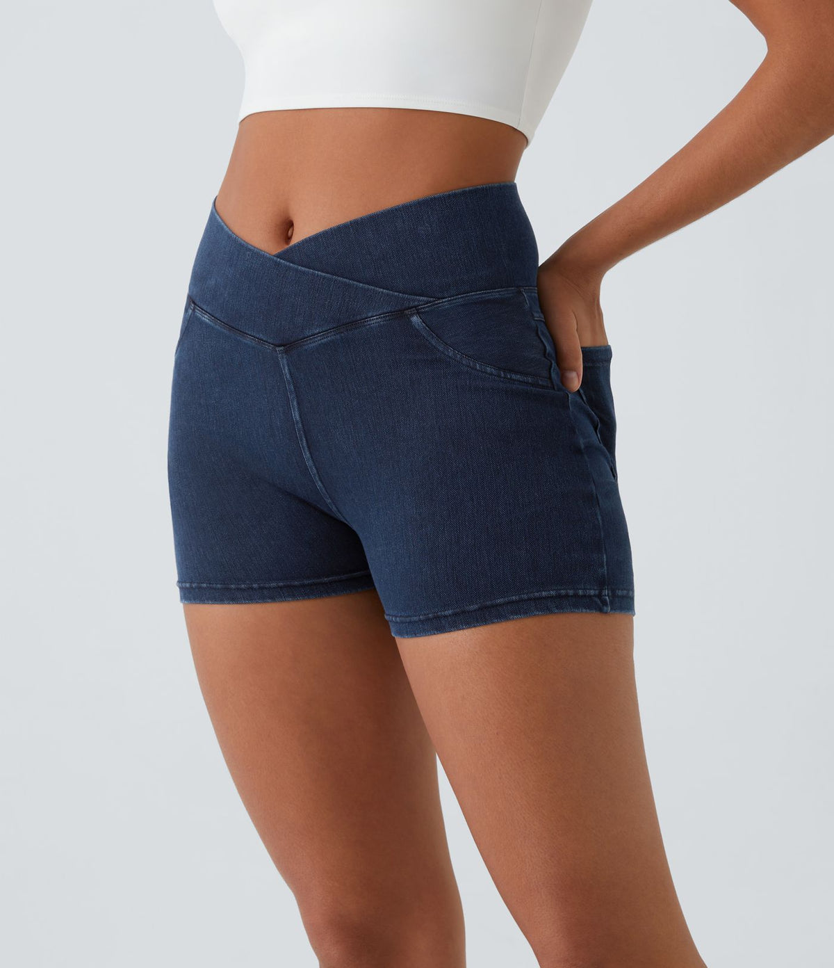 Halara Flex™  Shorts 7,5cm Denim Casual Taille Haute Poches Latérales Croisées en Maille Extensible