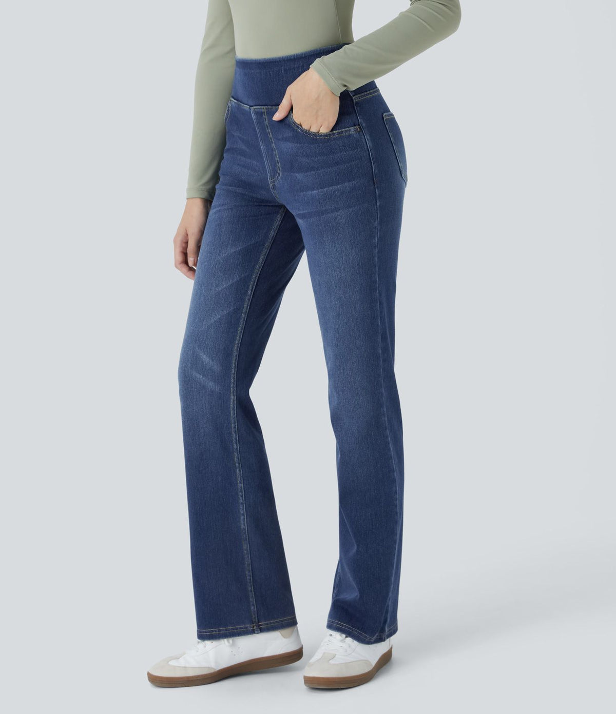 Halara Flex™ Jean bootcut décontracté extensible délavé taille haute à poches multiples