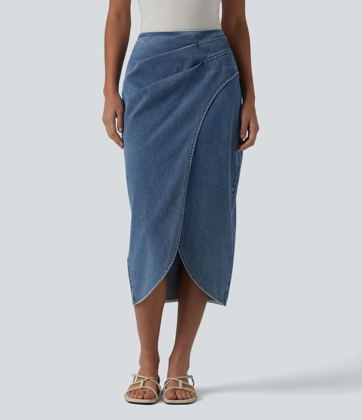 Halara Flex™ Jupe en Jean midi délavé taille haute avec zip dos, effet drapé et ourlet tulipe