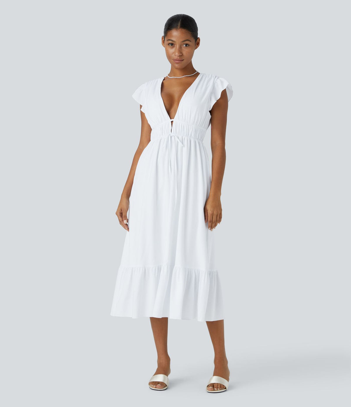 Breezeful™ Robe Midi Séchage Rapide Demoiselle d'Honneur et Invitée de Mariage Encolure en V Profond Manches Papillon Dos Nu Nœud Poches Latérales Ourlet à Volants