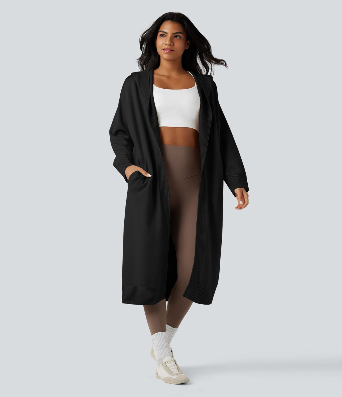 Cardigan long à capuche manches longues avec poches