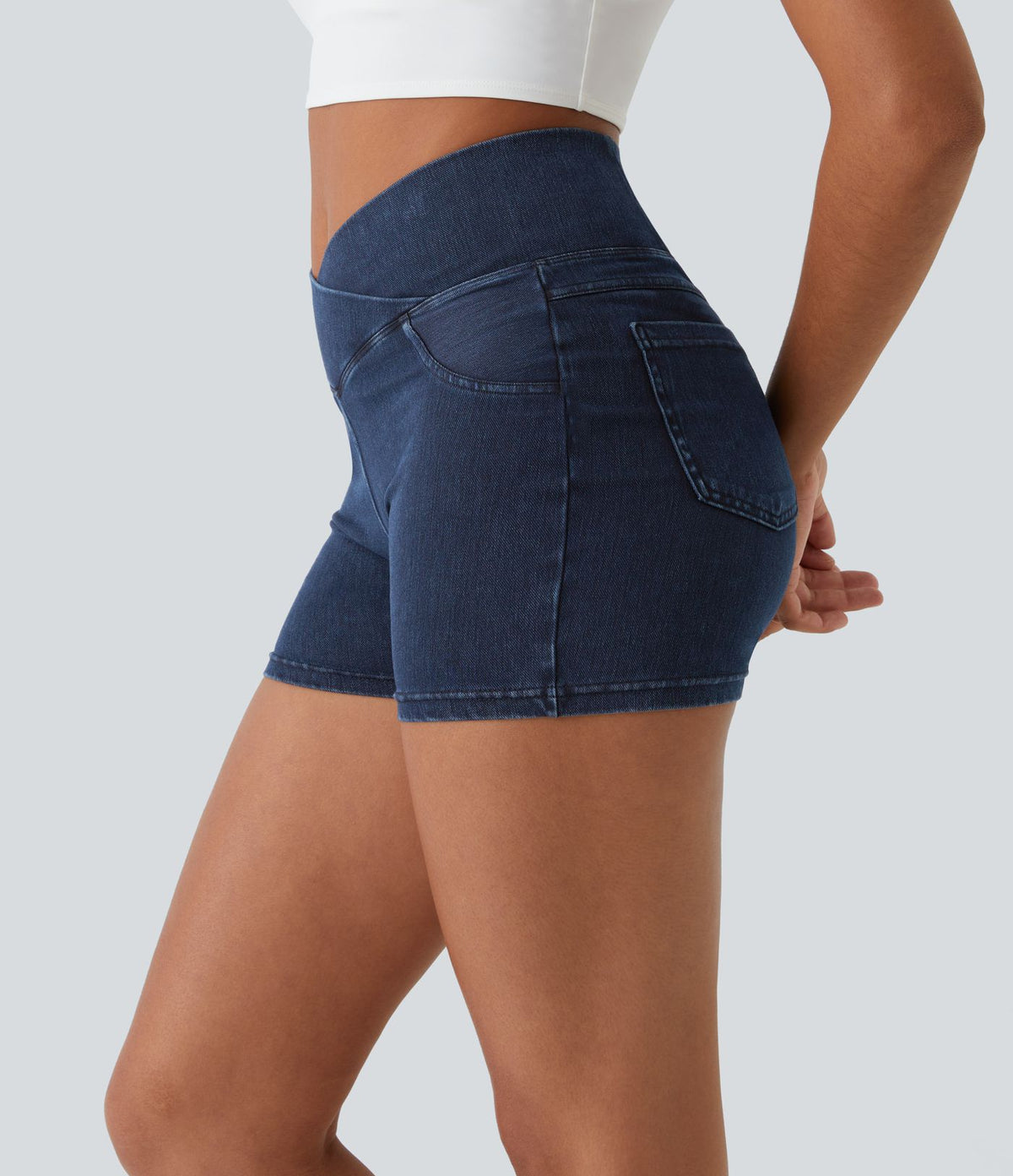 Halara Flex™  Shorts 7,5cm Denim Casual Taille Haute Poches Latérales Croisées en Maille Extensible