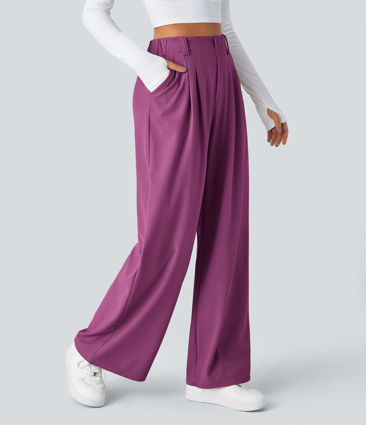 Halara Flex™ Pantalon Tailleur Large Fluide Gaufré Taille Haute Poches Latérales