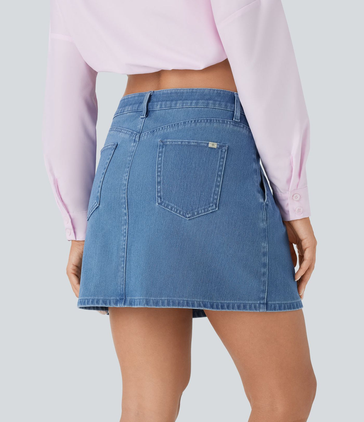 Halara Flex™ jupe patineuse mini taille moyenne en jean extensible avec boutons, fermeture éclair et poches multiples