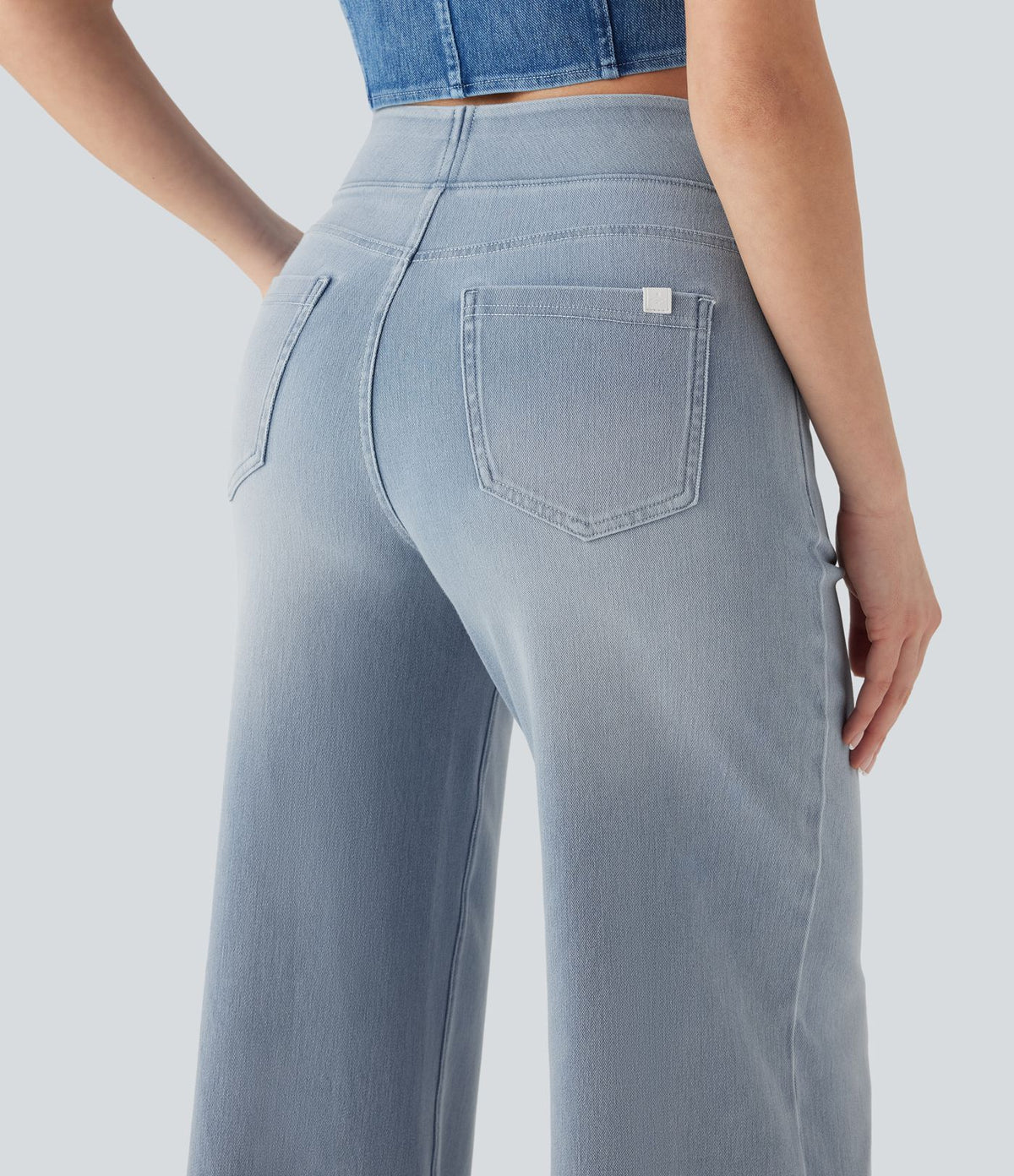 Halara Flex™ Jean Large Casual Taille Haute Poches Multiples Tricot Extensible Délavé