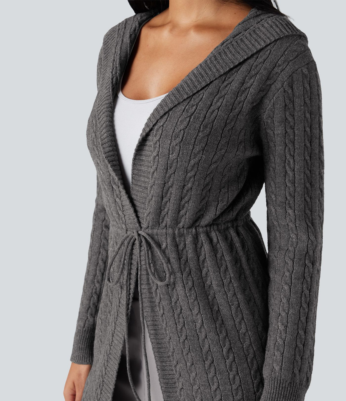 Cardigan long à capuche cordon de serrage manches longues