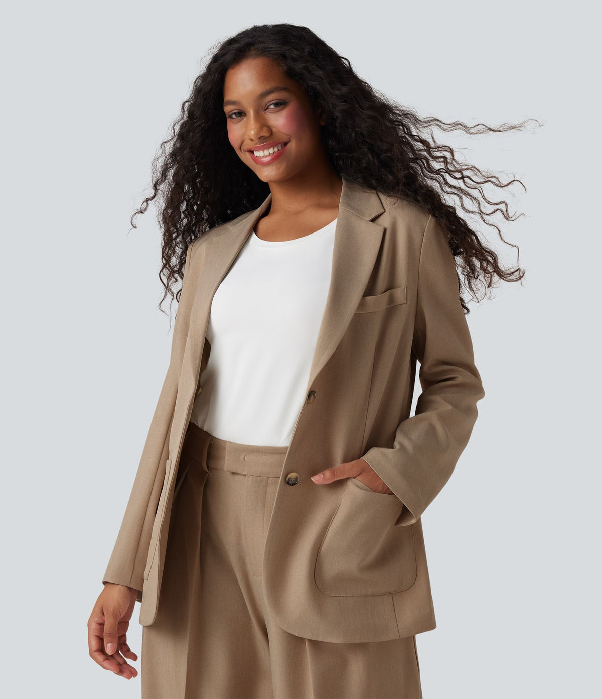 Blazer de travail anti-froissement aspect lin col cranté manches longues avec poches
