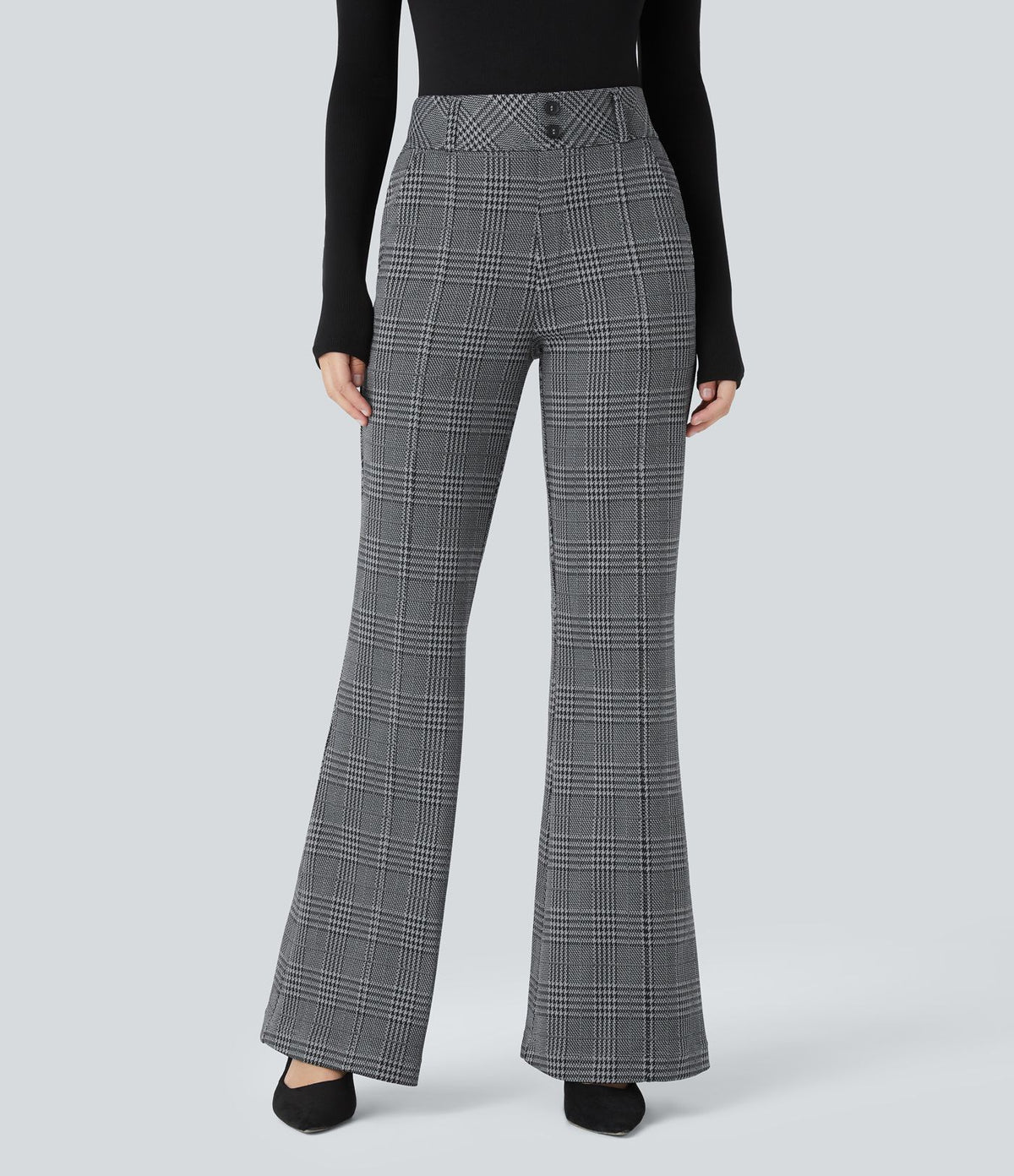 Halara Flex™ Pantalon tailleur évasé à carreaux pied-de-poule, taille haute avec boutons décoratifs et poches latérales