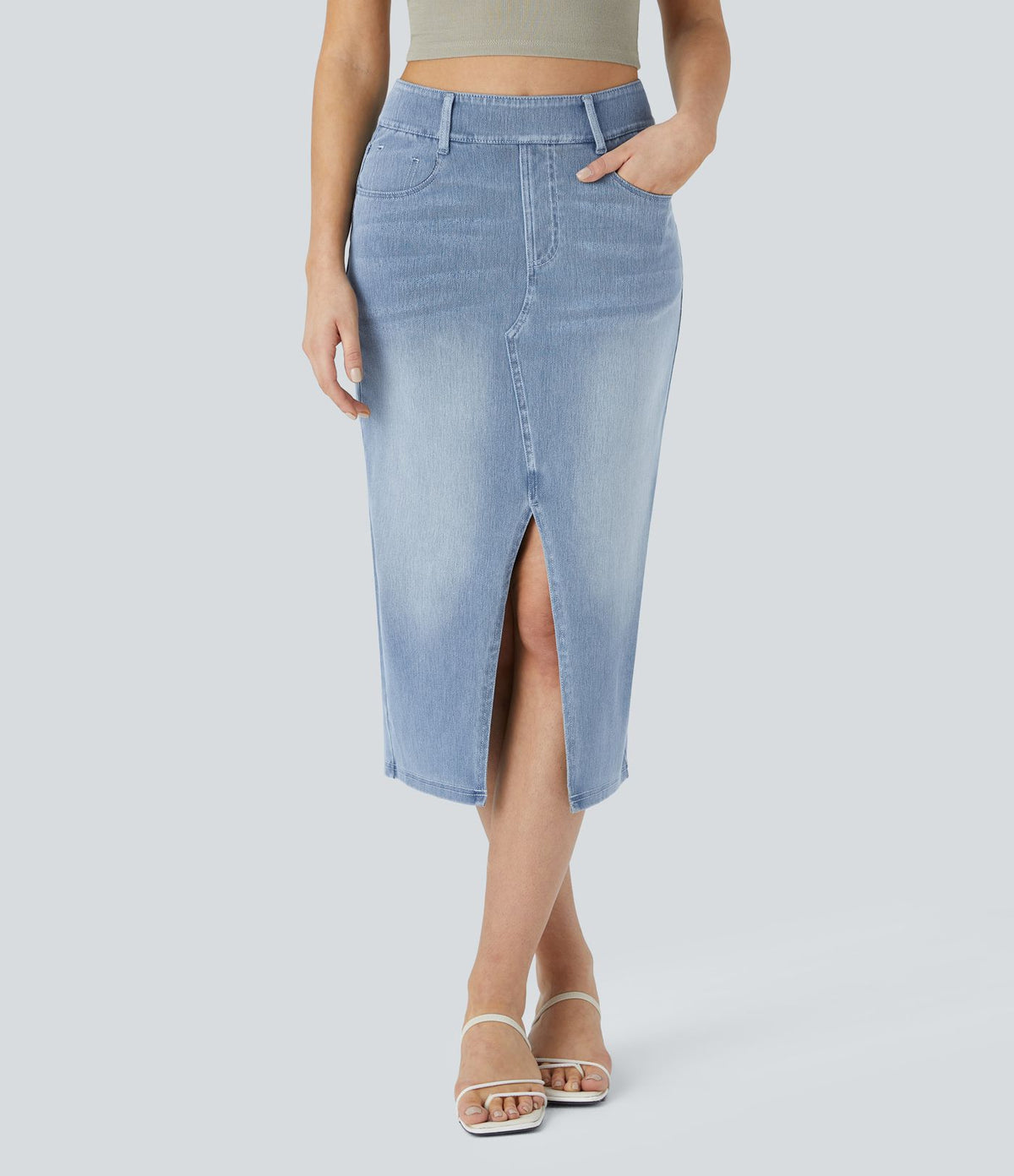 Halara Flex™ Jupe en Jean Casual Mi-Longue Délavé Extensible Plusieurs Poches Taille Haute