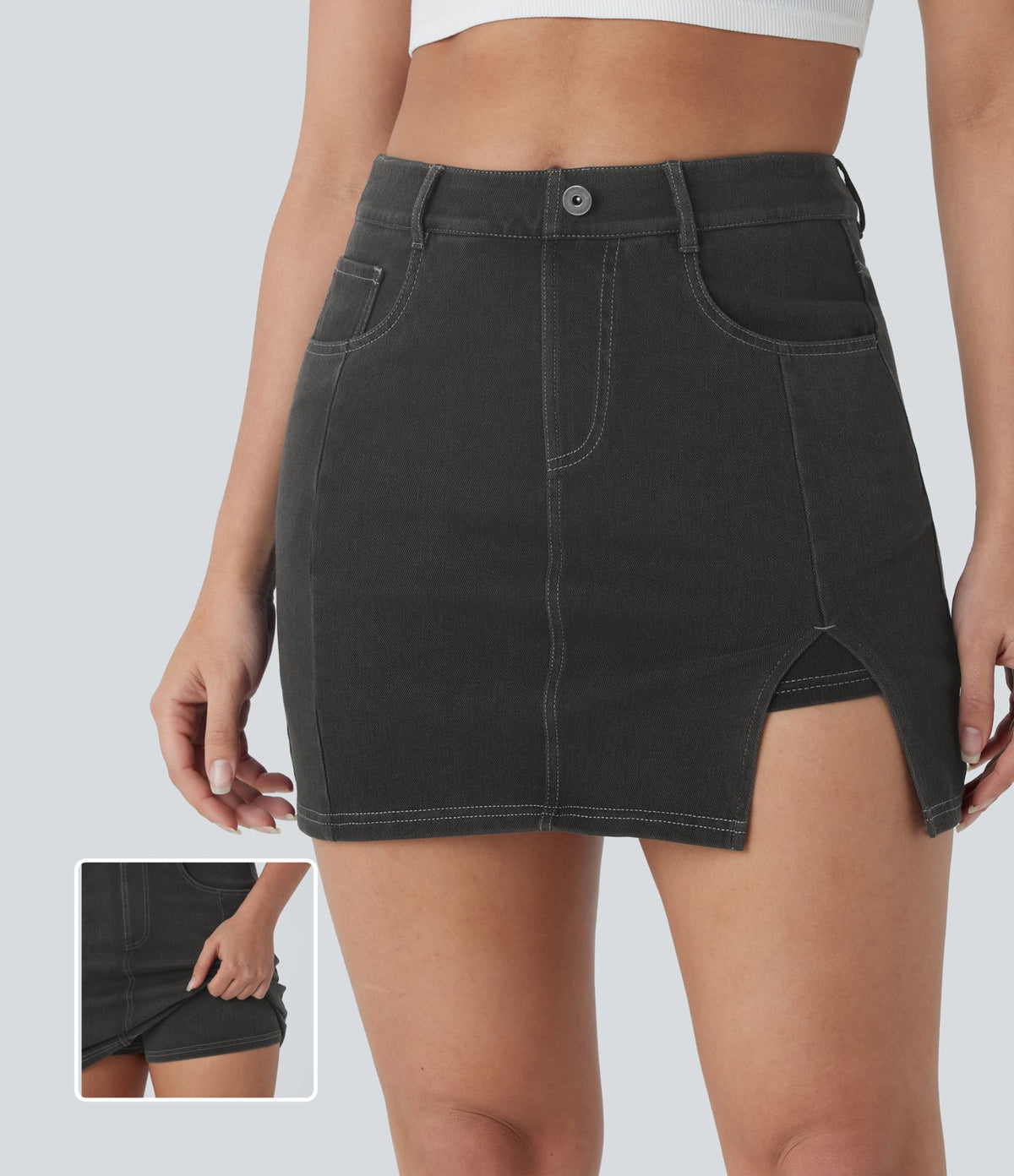 Halara Flex™ Mini-Jupe en Jean décontractée 2-en-1 moulante à taille haute avec poches multiples, fente, effet délavé et tissu extensible