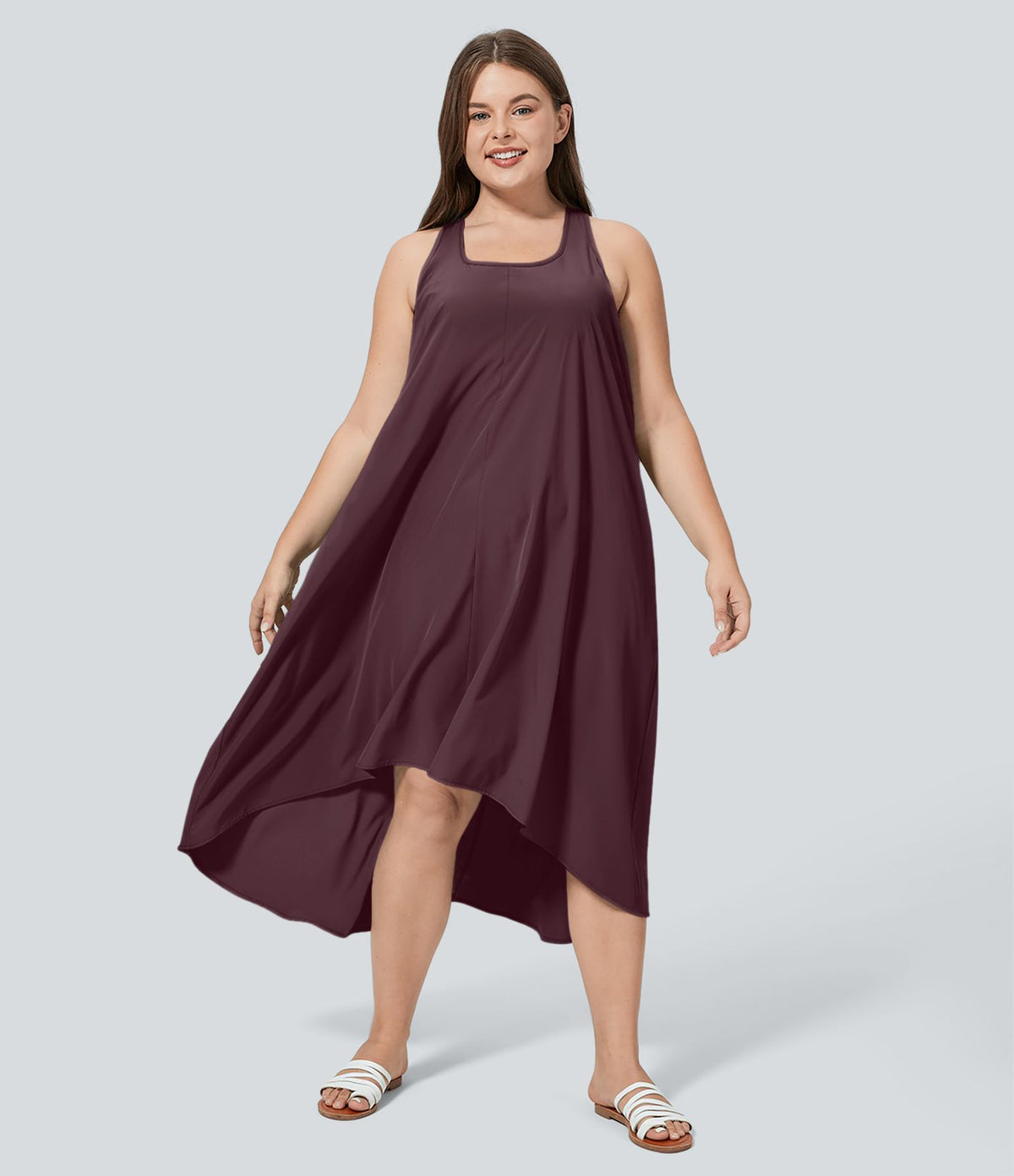 Breezeful™ Dos Nu Racerback Poche Latérale Haut Bas Fluide Midi Séchage Rapide Décontracté Robe Grande Taille
