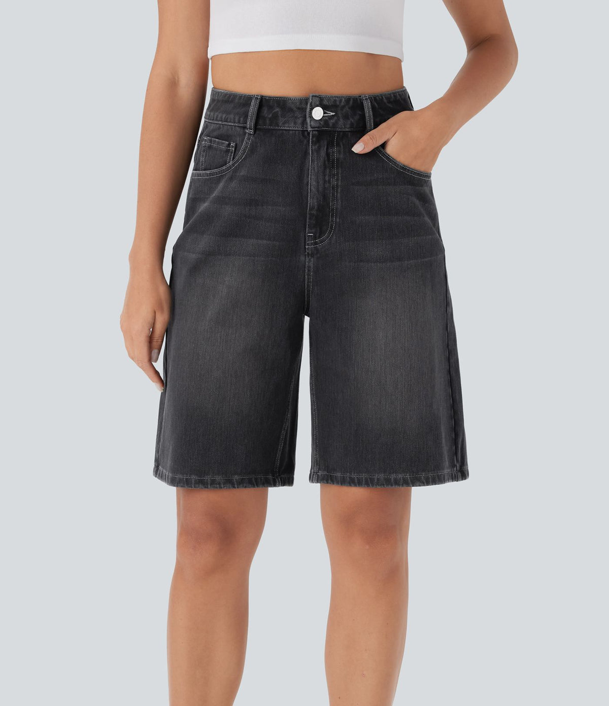 Bermuda en jean délavé Halara Flex™ taille haute à poches multiples