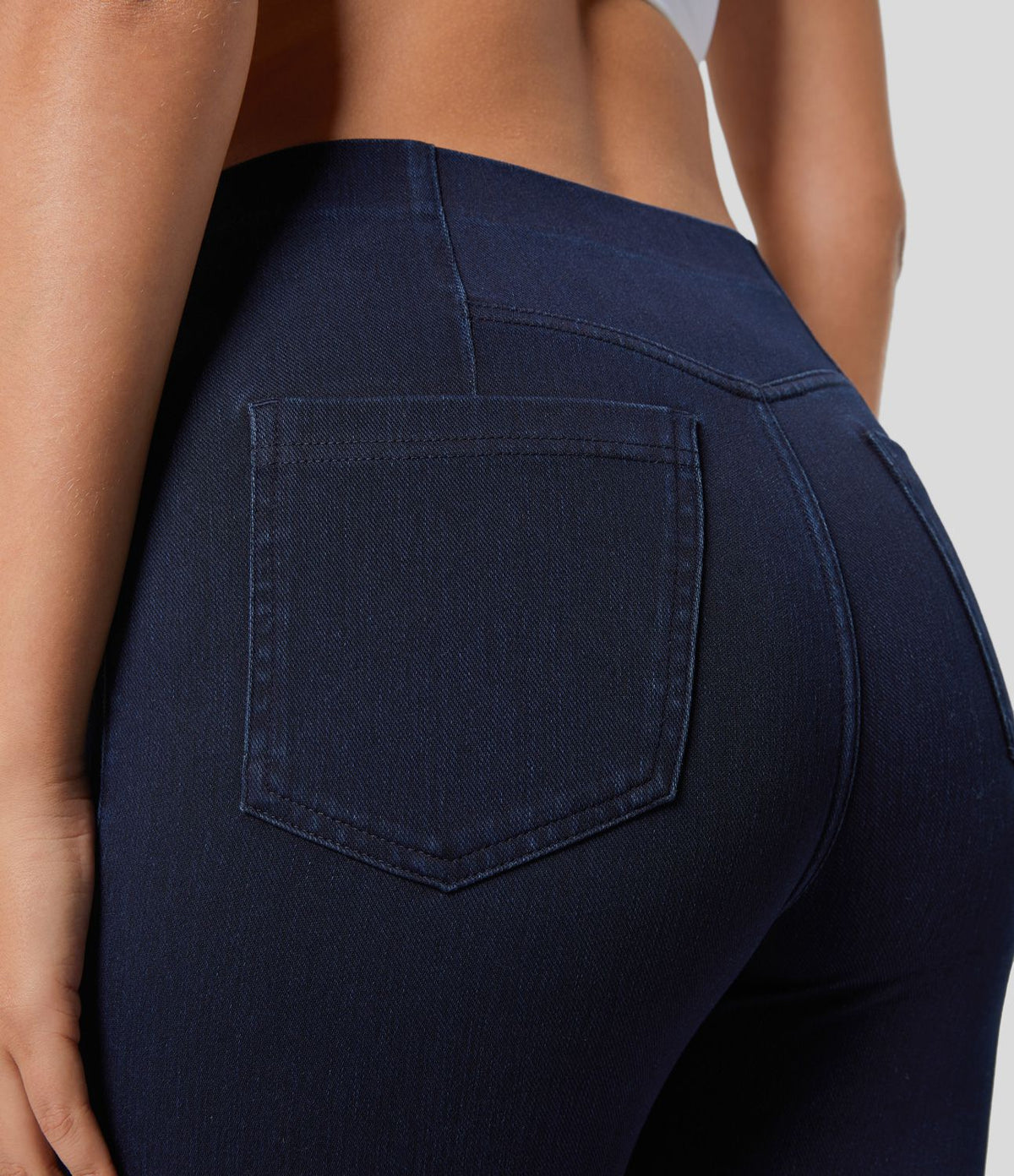 Halara Flex™ Leggings 7/8 Casual en Denim Tricot Extensible Taille Haute avec Dos en Forme de V et Poches Latérales