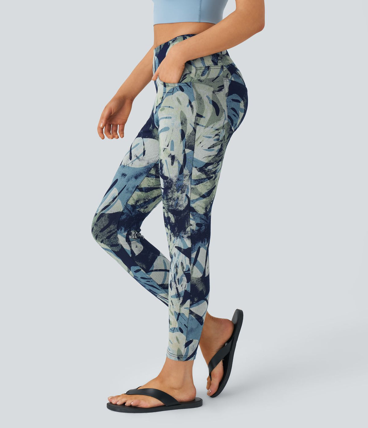 Halara Flex™ Leggings Casual en Denim Tricot Extensible à Taille Haute avec Imprimé Floral et Plusieurs Poches - 7/8
