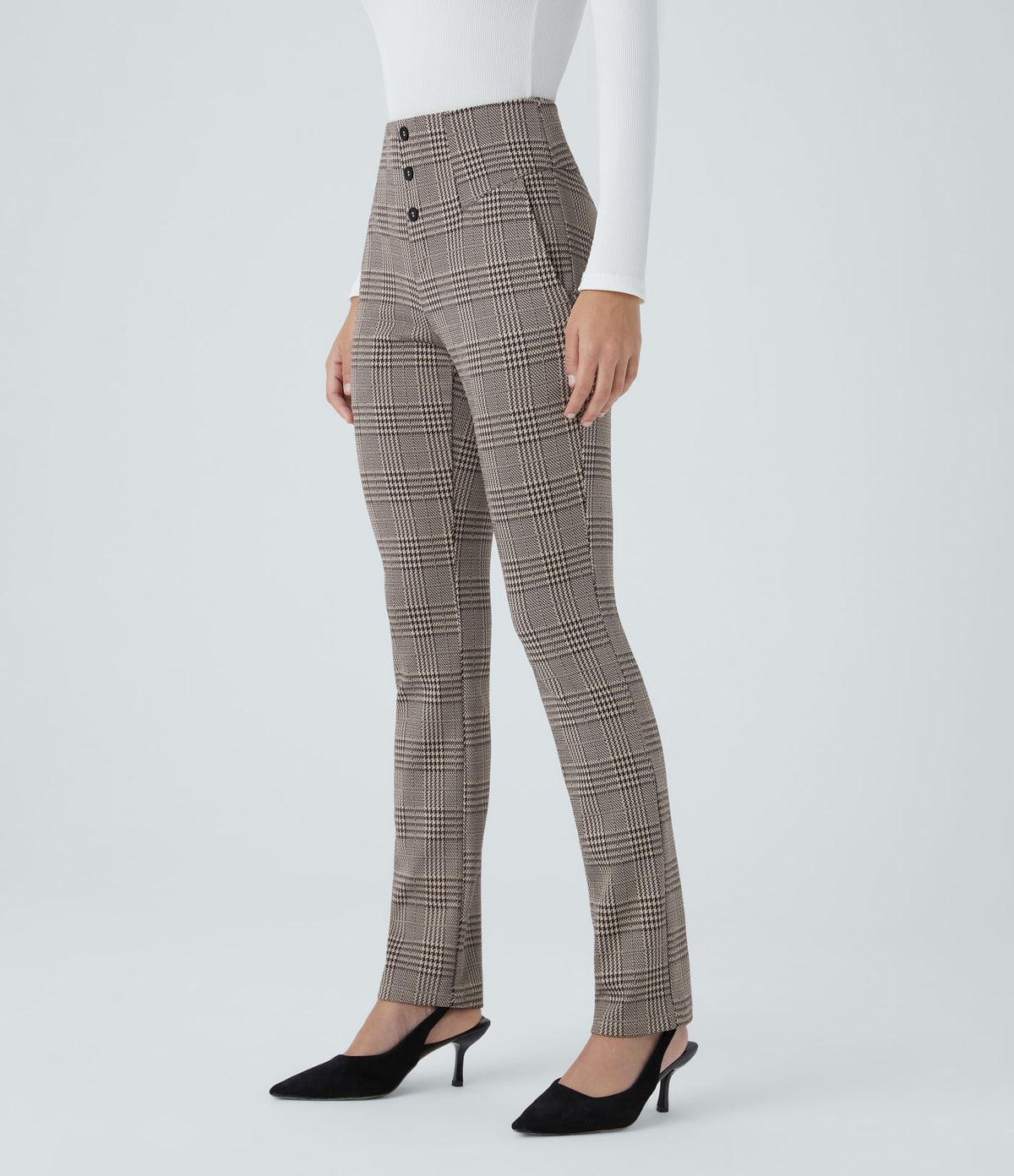 Halara Flex™ Pantalon tailleur Cintrés à Taille Haute avec Boutons Décoratifs Poches Latérales et Imprimé Pied-de-Poule