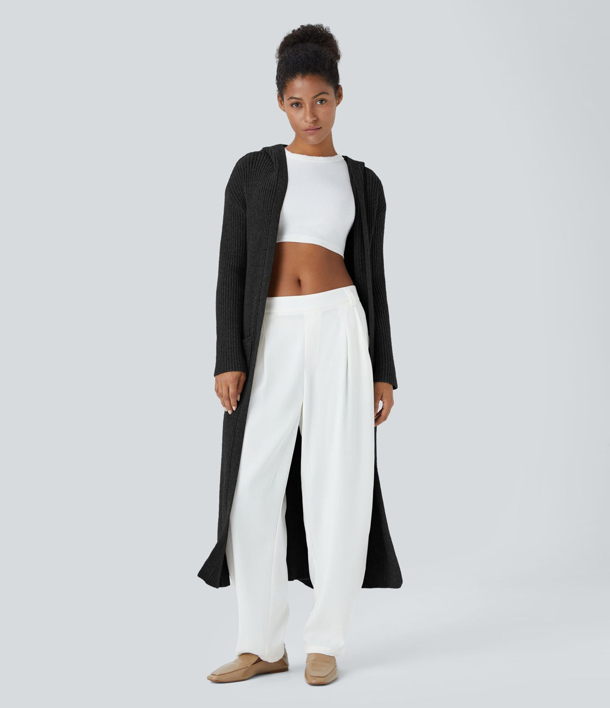 Cardigan long casual à capuche, manches longues et poches