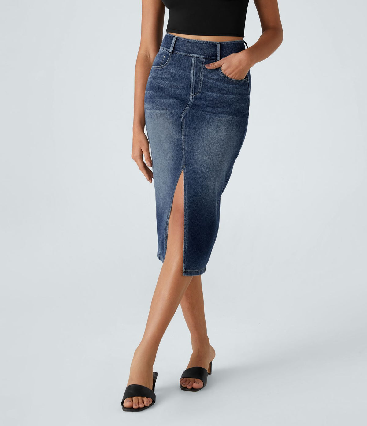 Halara Flex™ Jupe en Jean Casual Mi-Longue Délavé Extensible Plusieurs Poches Taille Haute