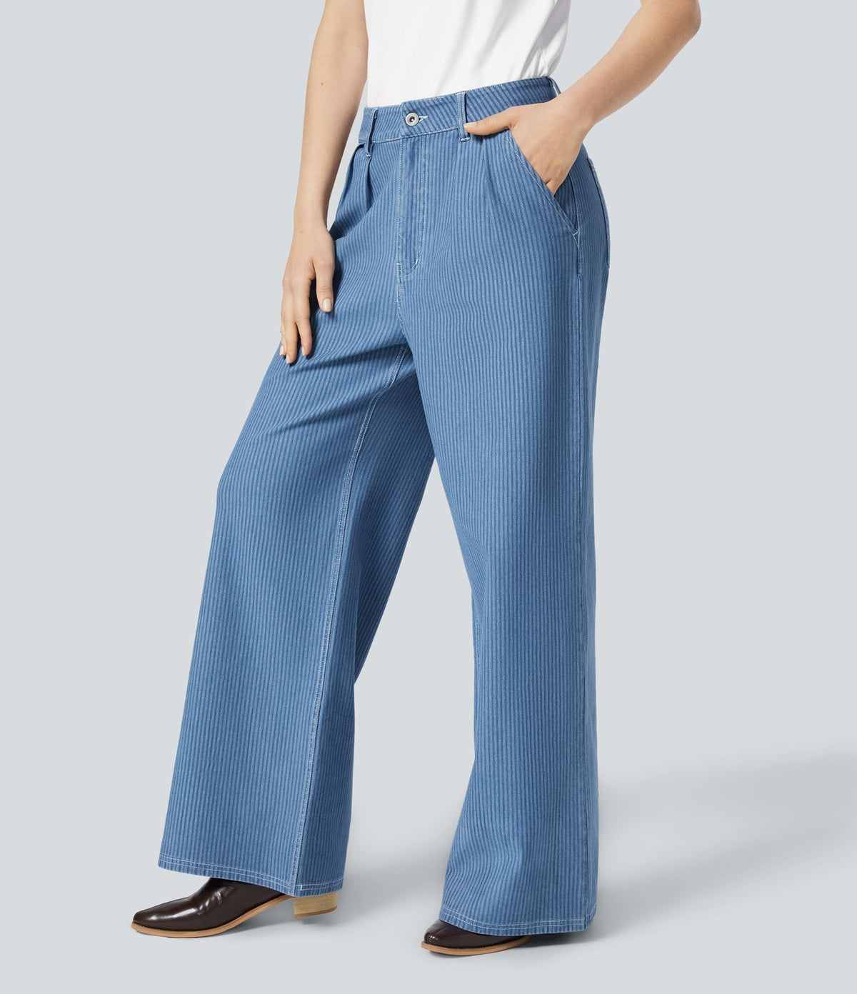 Halara Flex™ Jean Large Décontracté à Rayures Taille Haute avec Multiples Poches et Tissu Extensible Lavé